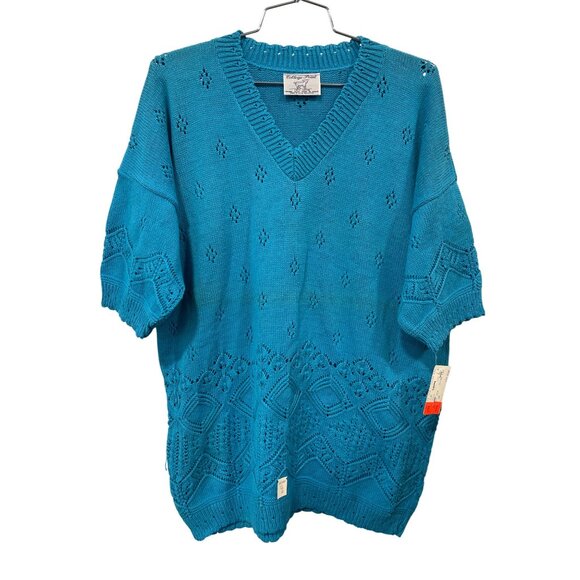 Vintage 90s College Point V Neck Sweater Size Medium Open Weave Deadstock NEW - Picture 1 of 8
